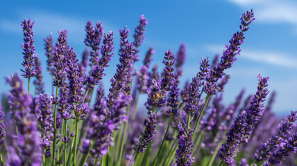Obraz premium Vibrant Lavender Field Stretching Beneath a Clear Blue Sky, Realistic Nature Scene, No Blur