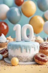 Colorful birthday celebration with number ten on cake, donuts and balloons at party