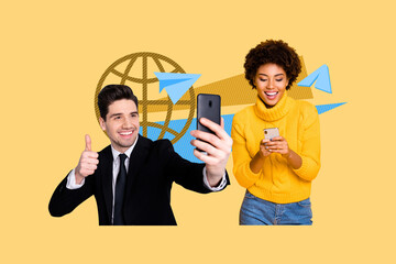 Banner full 3d artwork collage of happy girl guy hold phone globe networking paper plane communication 5g connection net