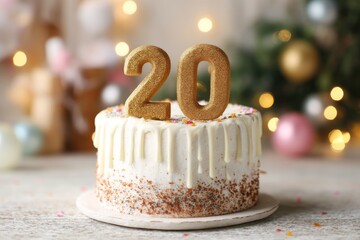 Celebration cake with golden 20 topper for a joyous birthday gathering in a festive setting
