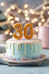 Celebration of a 30th birthday with a decorated cake featuring candles and a festive background