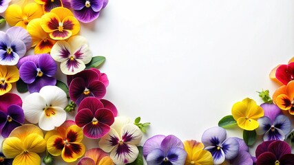 Colorful Pansy Flowers Arranged as a Frame on a White Background Backdrop