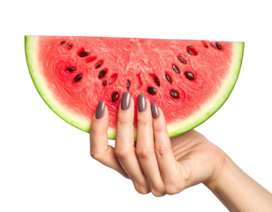 Female Hands with Red Manicure on Fresh Watermelon Slice with Green Leaves on Transparent Background