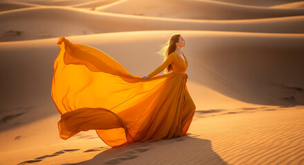 Woman in flowing orange dress in desert landscape at sunset, dress billowing in wind, creating a feeling of freedom and serenity