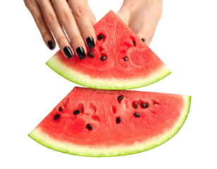 Female Hands with Red Manicure on Fresh Watermelon Slice with Green Leaves on Transparent Background