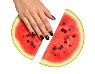 Female Hands with Red Manicure on Fresh Watermelon Slice with Green Leaves on Transparent Background