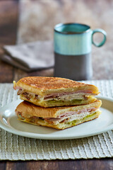 Cuban sandwich with ham, pork, swiss cheese and pickles