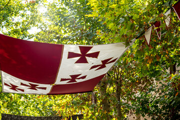 Colorful medieval shields displayed among trees during Alcalá de Henares medieval fair in Madrid,...