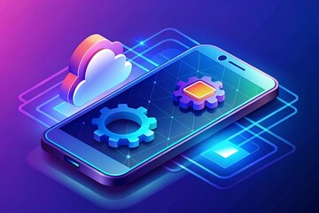 Smartphone with cloud and gears, symbolizing cloud computing