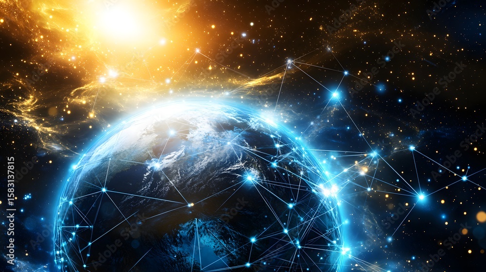 Poster global network interconnected with the earth in space.