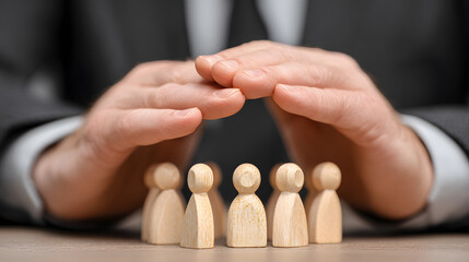 Employer Protecting Small Wooden Figures Symbolizing Employees in a Professional Setting