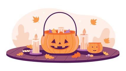 Halloween pumpkin basket filled with candy and candles on a wooden table with falling leaves