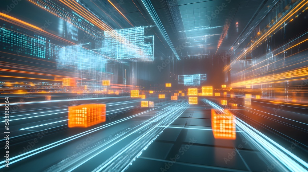 Poster digital cityscape with glowing cubes and data streams.