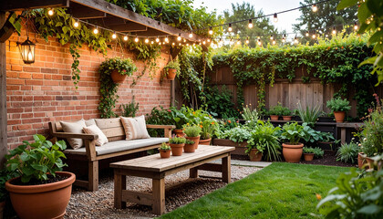 Fototapeta premium A rustic-style garden with reclaimed wood benches, terracotta pots, raised vegetable beds, climbing ivy on a brick wall, and string lights overhead