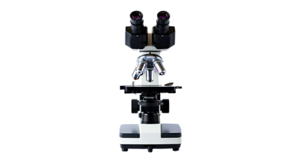 Modern binocular microscope with objective lenses isolated on transparent background