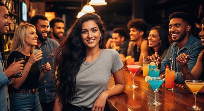 Busy Bar Scene: Smiling Woman with Cocktails. A young woman with long, dark hair is smiling at the camera in a busy bar scene. A brightly lit bar counter is visible, lined with colorful cocktails. - Powered by Adobe