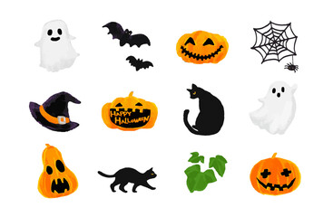 Hand-drawn Halloween Clipart Set – Spider Web, Bat, Witch Hat