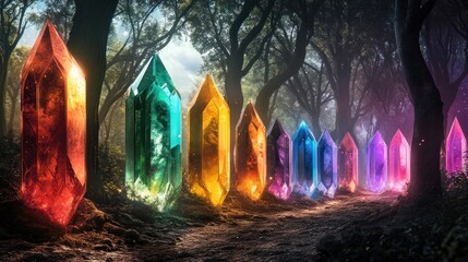 Magical crystals line a path through a mystical forest