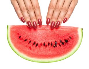 Female Hands with Red Manicure on Fresh Watermelon Slice with Green Leaves on Transparent Background