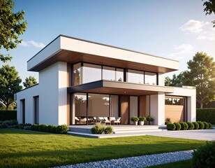 Modern House Exterior with Flat Roof, White Facade, and Large Glass Windows in Daylight
