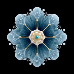 Intricate blue floral pattern on black backdrop.