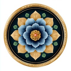 Intricate blue flower design with golden accents.