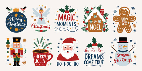 Christmas and New Year Typography Collection – Festive Calligraphy Designs with Seasonal Phrases, Winter Greetings and Colorful Lettering – Vector Set for Holiday Cards and Graphics

