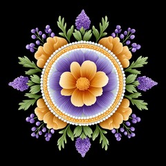 Vibrant floral mandala design on black background.