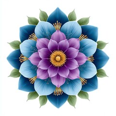 Vibrant floral mandala design with blue and purple hues.
