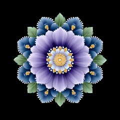 Vibrant floral mandala design with blue petals.