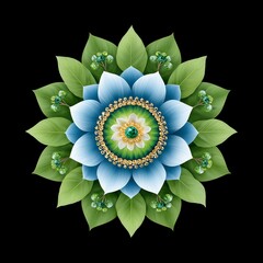 Vibrant floral mandala design with blue petals.