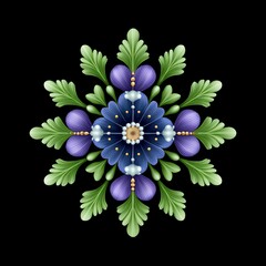 Vibrant floral mandala with green leaves.