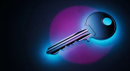 Metallic key on dark background, illuminated by blue and purple light, showcasing security, access, and opportunity concepts