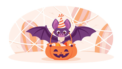 Cartoon bat with party hat carrying a pumpkin bucket full of candy on a halloween background scene