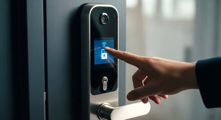 Naklejka premium Hand touches modern smart door lock, symbolizing advanced home security, keyless entry, and smart technology.