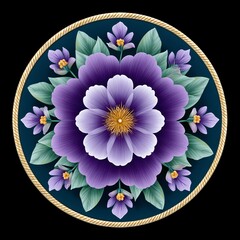 Vibrant purple flower design with green leaves.