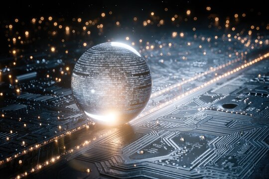 A glowing sphere of data sits on a futuristic circuit board