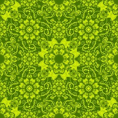 seamless floral pattern,green curves,circles and paint them into leaves,flowers with green background in geometric patterns to as sarong,tile,fabric,printed fabric,tablecloth patterns