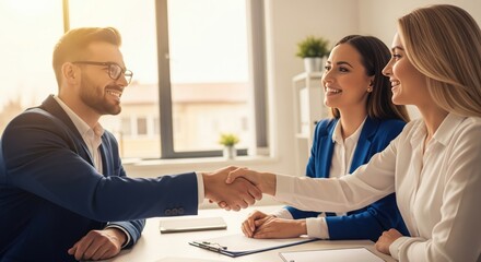 Obraz premium Job Interview: Professional Handshake. A well-dressed man and a woman are shaking hands, with two other women in the background smiling, in what appears to be a job interview setting. 