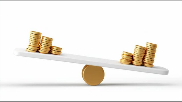 Balancing Gold Coins on White Seesaw Exploring Financial Imbalance, Wealth Disparity, and Economic Inequality in Visual Metaphor of Unevenly Distributed Coins