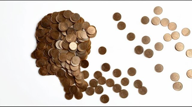 Creative Arrangement of Coins Forms Silhouette of Human Head, Dispersing Coins Symbolize Thoughts, Ideas, Imagination, and Finance Concepts