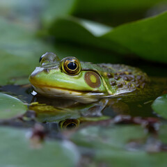 Close-Up of a Frog Resting on a Lily Pad in a Tranquil Natural Pond Habitat