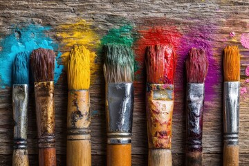 Fototapeta premium Paint brushes with vibrant paint smears on clean white wooden table, top down flat lay with realistic texture showing creative artistic workspace and painter studio background setup