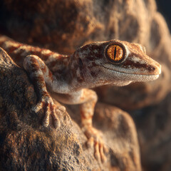 Close-Up of Gecko Climbing on Rock with Detailed Texture in Natural Environment