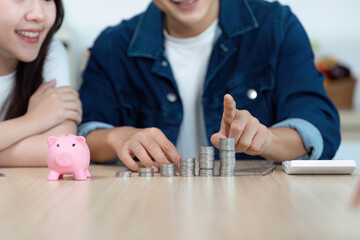 Collaborative Budgeting. Couple engaged in financial planning with coins and piggy bank.