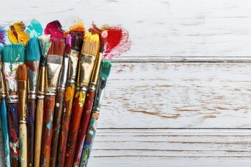 Obraz premium Top down artistic scene of paint brushes with smeared paint colors on white wooden surface, flat lay with realistic creative texture and clean background with empty space for artist workspace