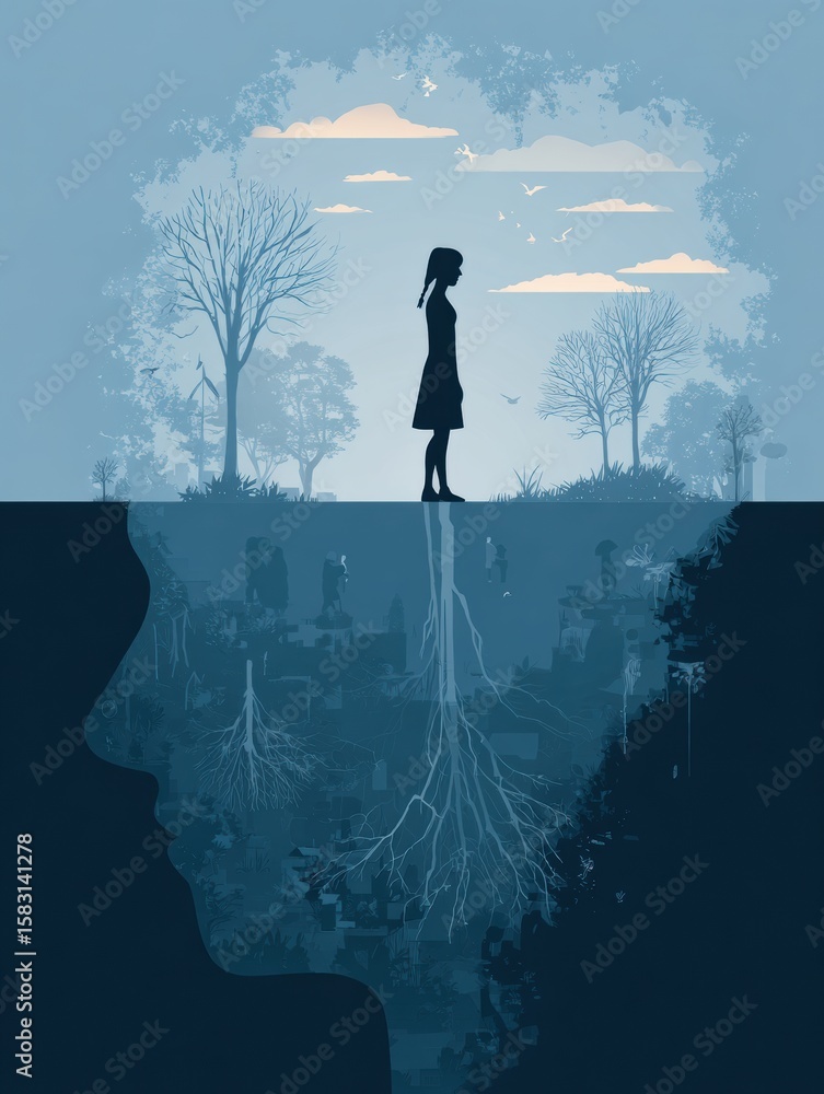 Poster visual representation of grounding techniques for ptsd showcasing a figure amidst natures calming el