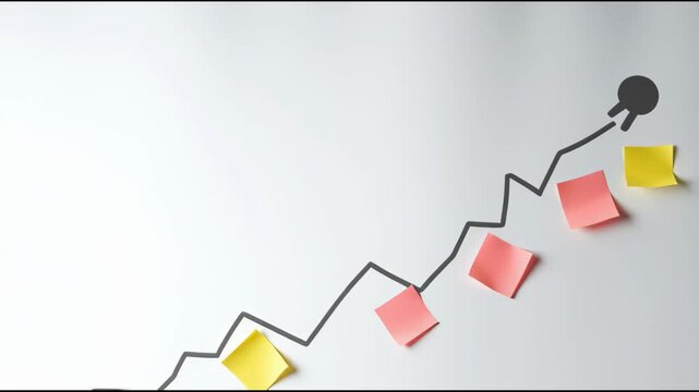 Dynamic Growth Strategy Colorful Sticky Notes and Line Graph on Whiteboard for Creative Business Planning and Vibrant Organization