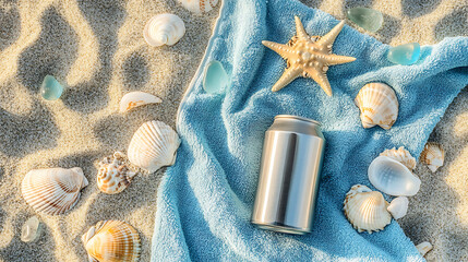 Fototapeta na wymiar top view of drink can on beach towel with branding materials, shells and sea glass around.