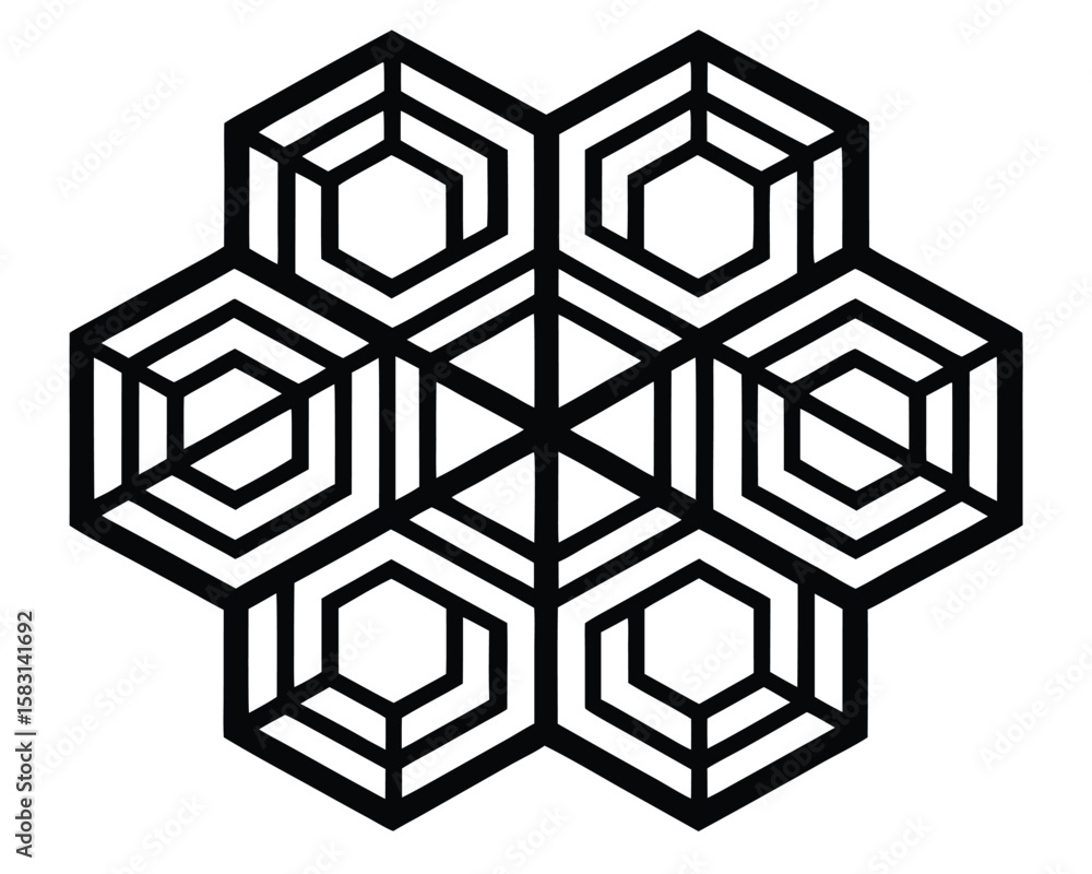 Poster geometric black and white hexagonal pattern with complex shapes arranged.